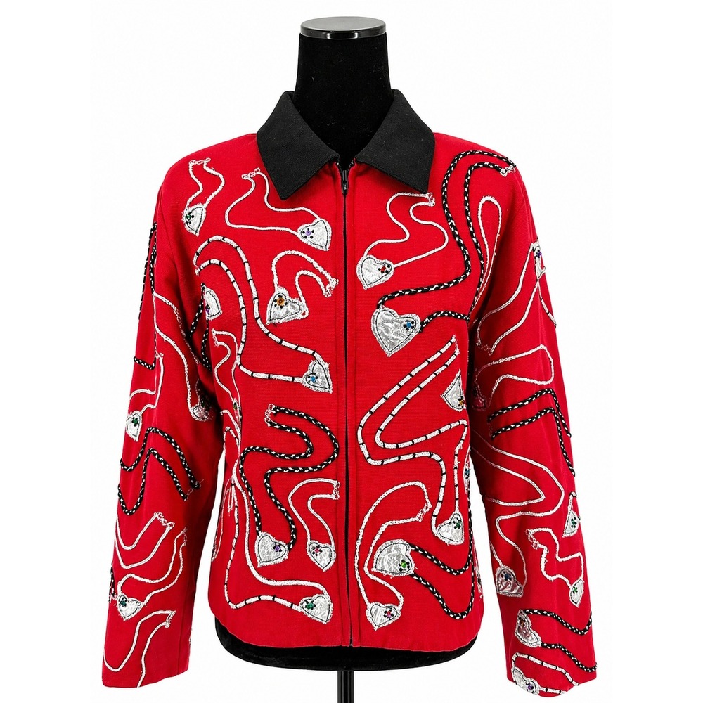 Anage Womens Silver Metallic Beaded Hearts Novelty Jacket Size Large Red Cotton